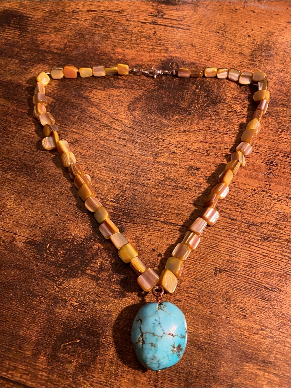 Handmade Turquoise Pendant Necklace with Warm Yellow Beads
